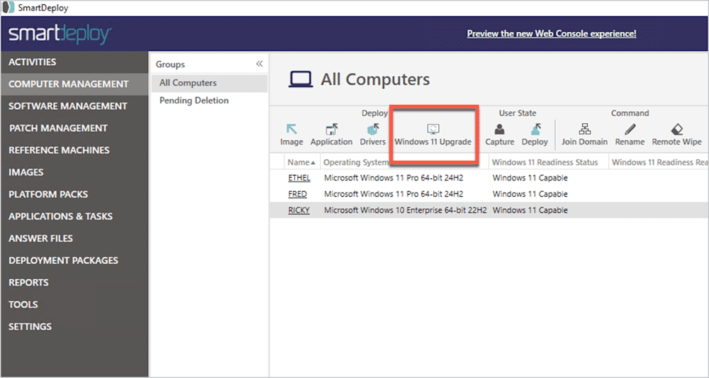 SmartDeploy console showing Windows 11 upgrade feature in Computer Management view