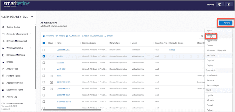 A screenshot showing how to deploy an image with SmartDeploy.