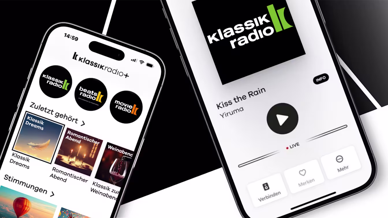 Neues App-Design Zwei Smartphones mit geöffneter Klassik Radio App, Playlist und aktueller Song "Kiss the Rain" von Yiruma sichtbar