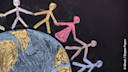 Group of people around the world. Chalk drawing.