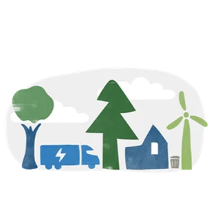 Illustration montrant un arbre, un camion, une maison et un moulin à vent pour représenter l'empreinte environnementale