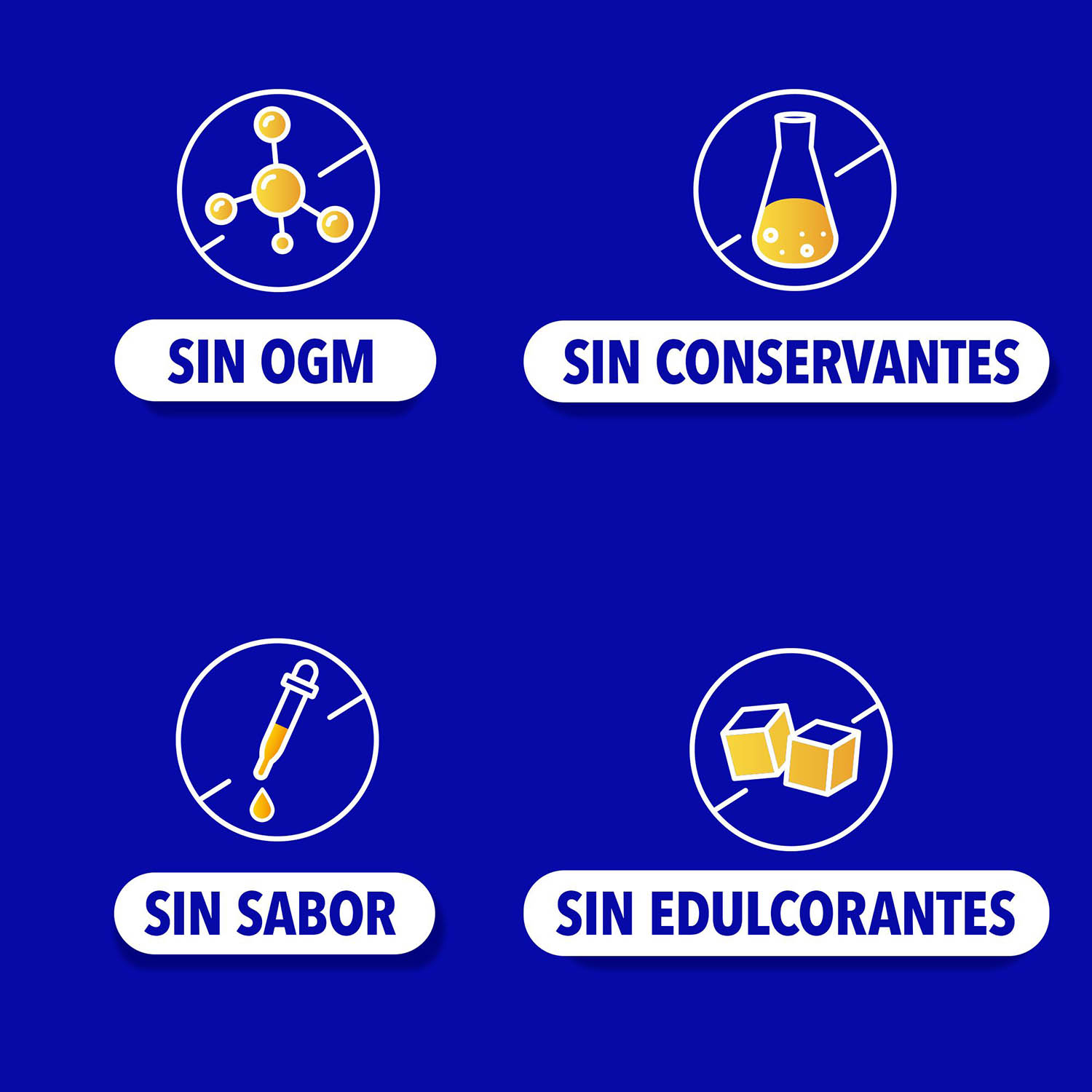 Iconos que indican: sin OGM, sin conservantes, sin sabor, sin edulcorantes