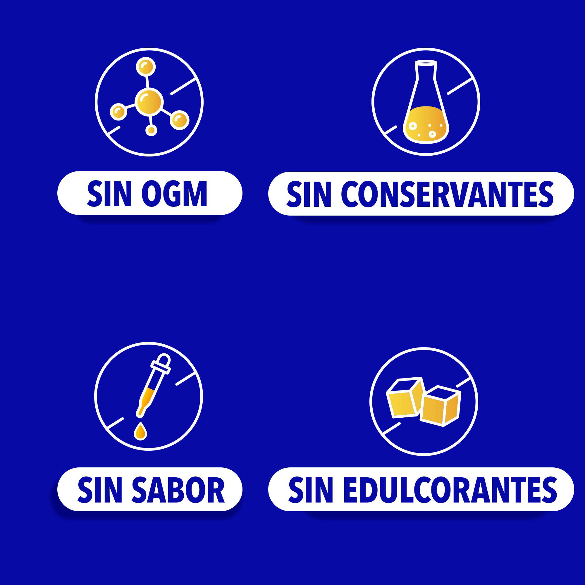 Iconos que indican: sin OGM, sin conservantes, sin sabor y sin edulcorantes