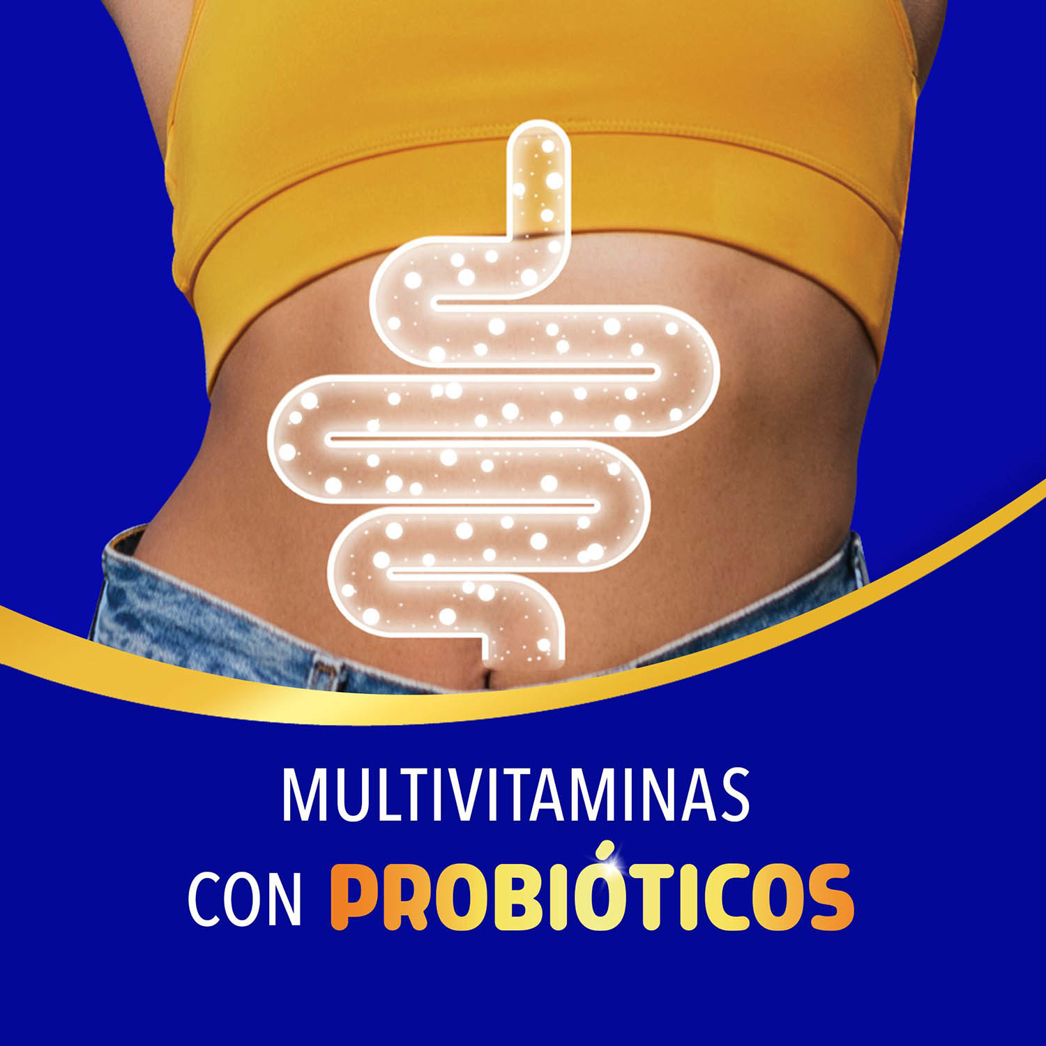 Icono del intestino con el texto: Multivitaminas con Probióticos