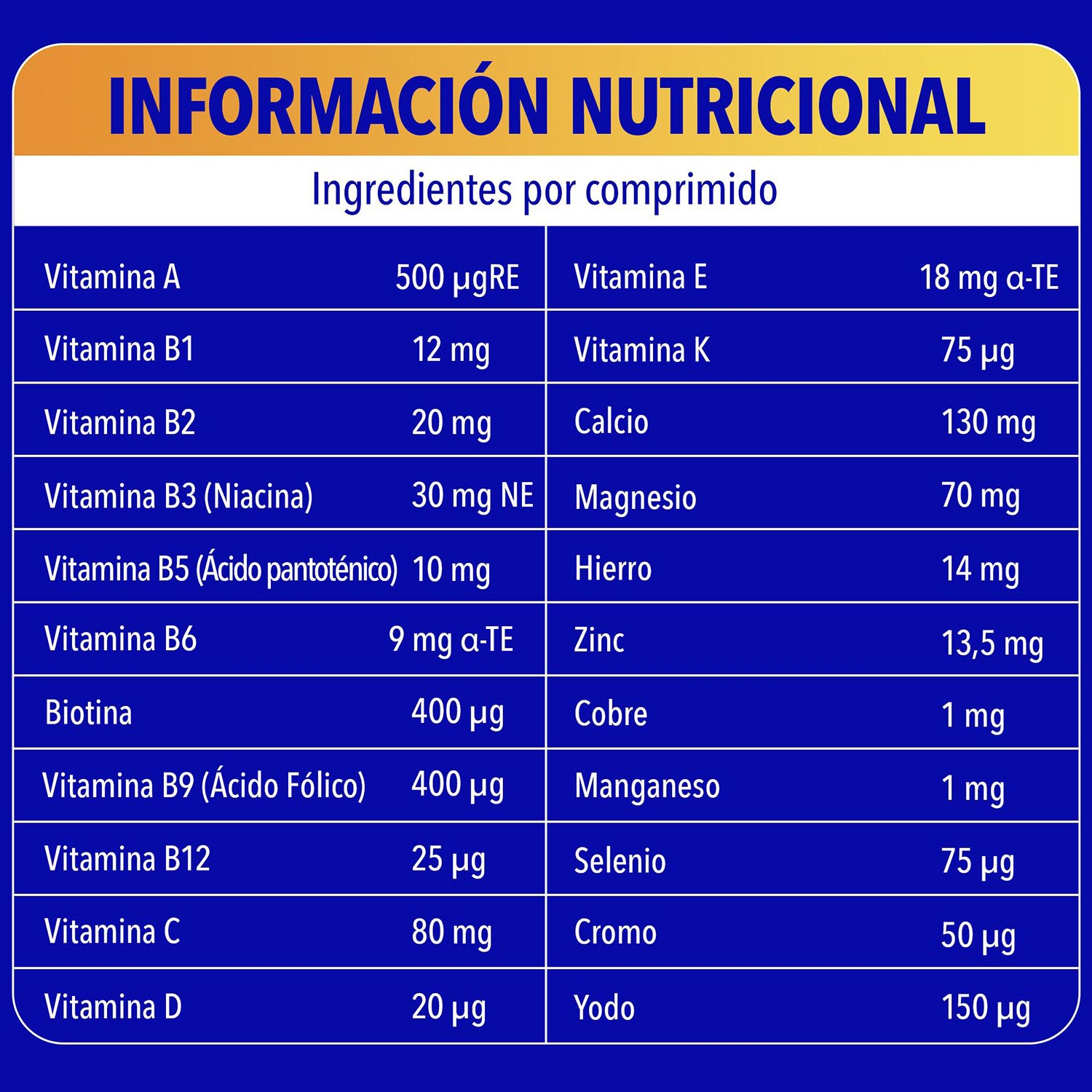 Información nutricional de cada comprimido