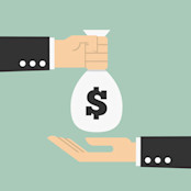 hand giving money sack to other hand