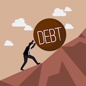 Businessman pushing debt uphill