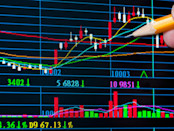 pencil pointing to stock chart on screen