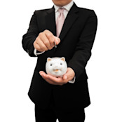Businessman putting coin in piggy bank