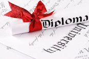 College diploma wrapped in a red ribbon