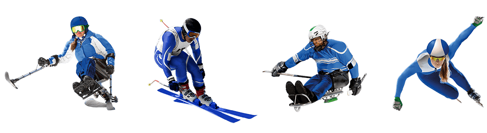 Una sciatrice paralimpica su monosci, uno sciatore alpino scende sulla discesa, un giocatore di para hockey su ghiaccio, una pattinatrice di velocità. Tutti indossano abiti azzurri.