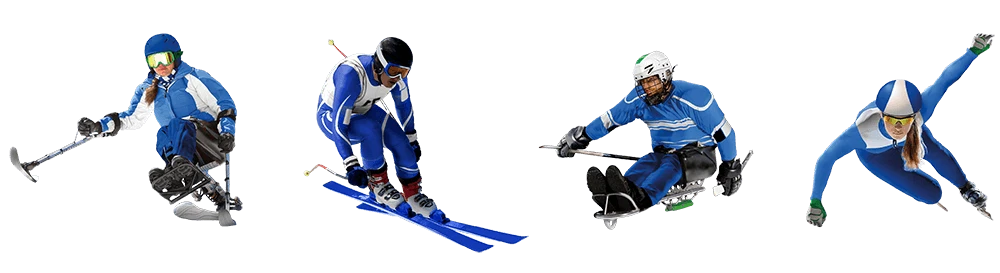 Una sciatrice paralimpica su monosci, uno sciatore alpino scende sulla discesa, un giocatore di para hockey su ghiaccio, una pattinatrice di velocità. Tutti indossano abiti azzurri.