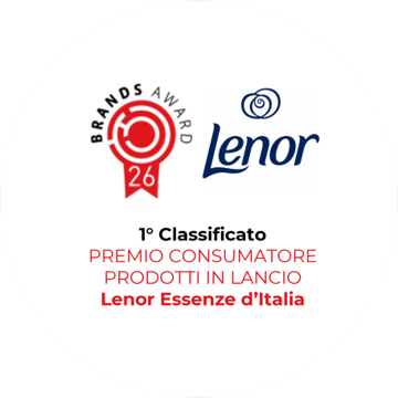 Badge Brands Award 2026 che riconosce Lenor Essenze d'Italia come vincitore del Premio Consumatore per i prodotti in lancio, classificato al primo posto.