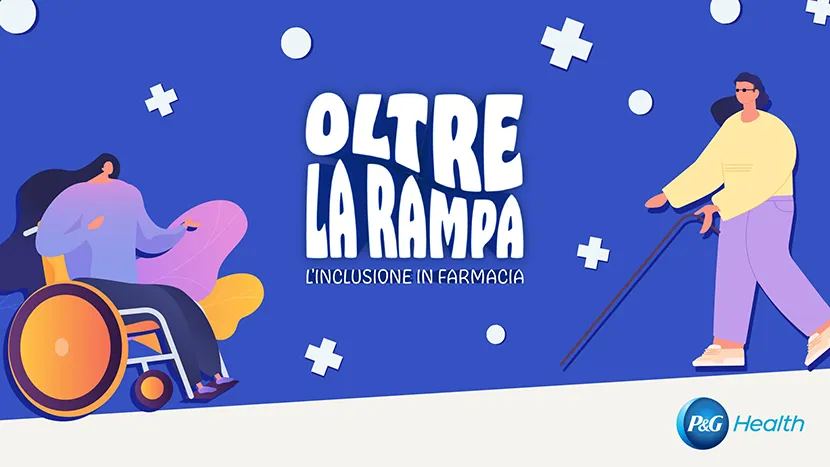 Una grafica viola con sopra scritto in bianco Oltre la rampa, l'inclusione in farmacia.