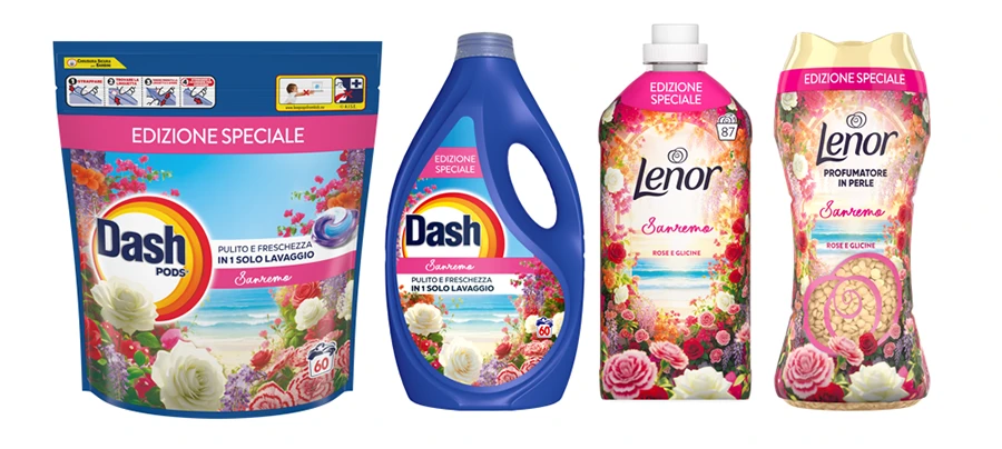 la nuova linea di prodotti dash pods, dash liquido, lenor ammorbidente e perle al profumo di sanremo.