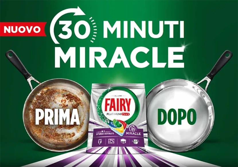 Il nuovo detersivo per lavastoviglie Fairy 30 Minuti Miracle per lavaggi rapidi ed efficaci.