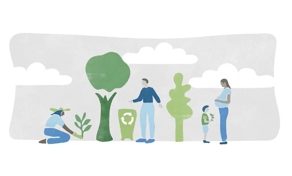 Illustrazione di persone nella natura che piantano e riciclano
