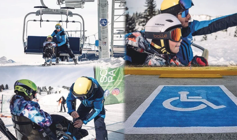 un maestro di sci accompagna in seggiovia un bambino seduto su un monosci e si prende cura di lui facendolo sciare. Nell’immagine è presente anche una foto di un parcheggio per persone con disabilità adiacente a un impianto di risalita.