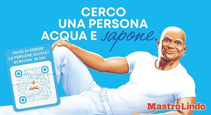 cerco una persona acqua e sapone, con sopra un qr code che rimanda al profilo instagram di mastro lindo.