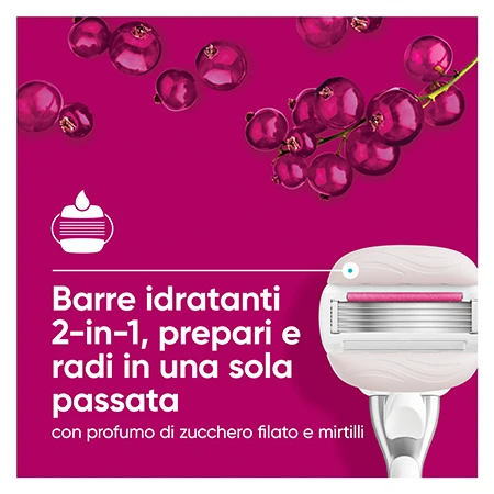 il nuovo rasoio pro comfortglide sugarberry, barre idrantatni 2 in 1 prepari e radi in una sola passata, con profumo di zucchero filato e mirtilli.