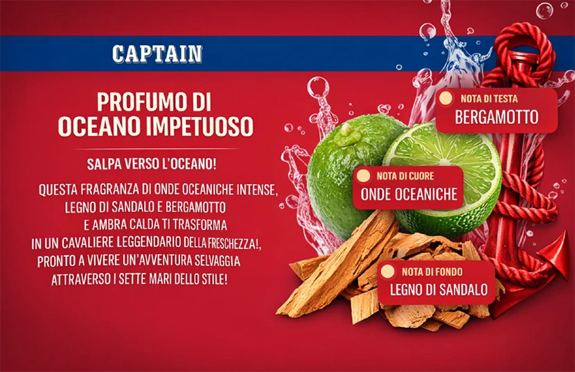 Captain: profumo di oceano impetuoso. Le note di onde oceaniche, legno di sandalo, bergamotto e ambra calda ti accompagn