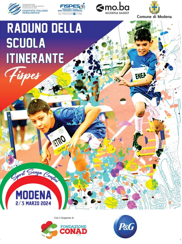 locandina dell’evento sport senza confini, 3 e 4 marzo a Modena, dedicato a bambini con disabilità fino ai 14 anni.