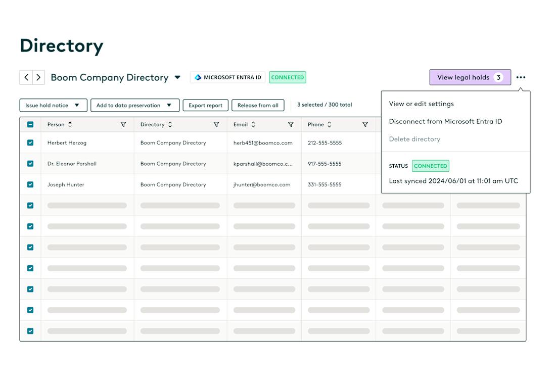 Everlaw legal holds product illustration showing the ease of managing custodians with a direct connection to H.R. tools such as Microsoft Entra ID
