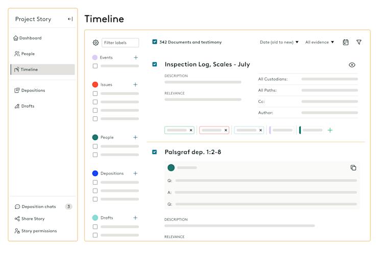 A abstract view of our no-cost, collaborative narrative building, timeline creating and trial preparation platform, Storybuilder.