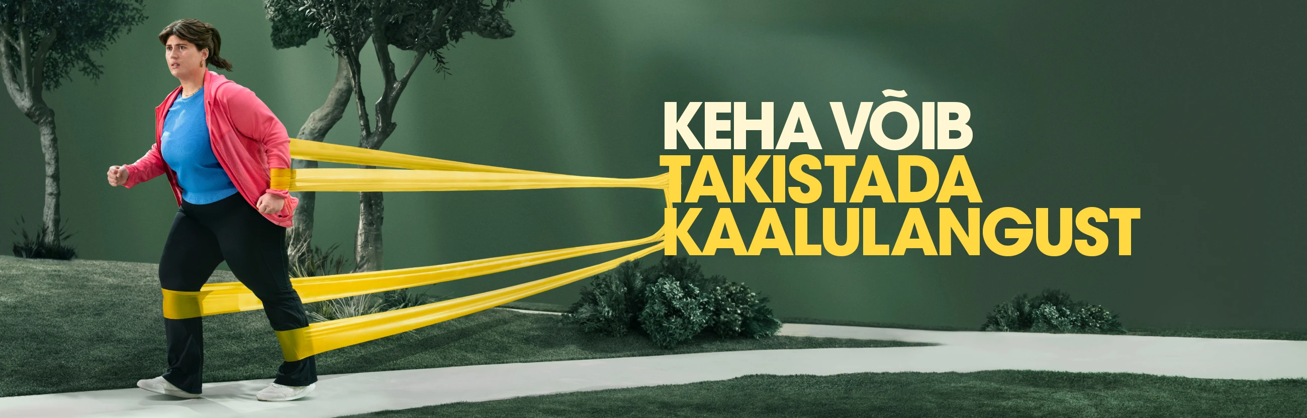 Woman with obesity with resistance bands holding her in place attached to the words "The Body Can Resist Weight Loss"