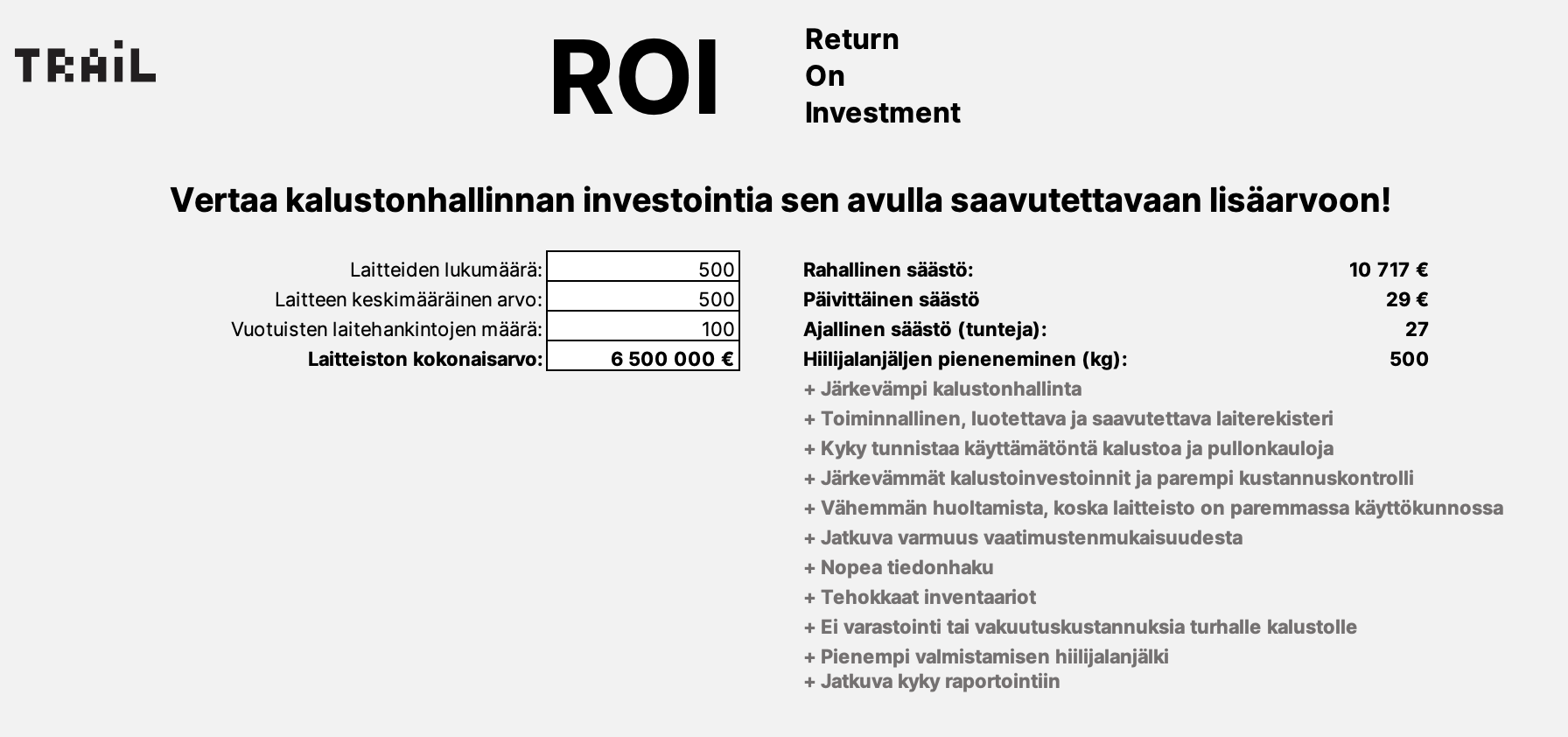 Kalustonhallinnan takaisinmaksuesimerkki A
