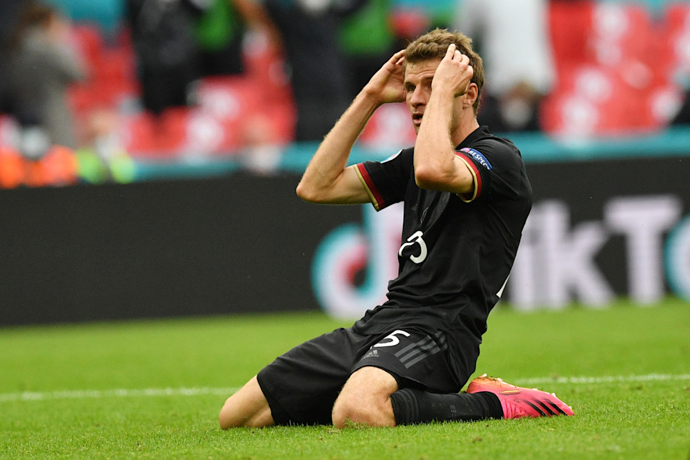 Germany's Thomas Mueller reacts during the Euro 2020 soccer championship round of 16 match between England and Germany at Wembley Stadium in England, Tuesday June 29, 2021. (Justin Tallis, Pool Photo via AP)