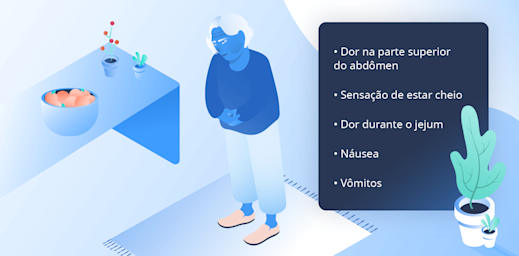 Ilustração de um homem com dores segurando sua parte superior do abdômen.