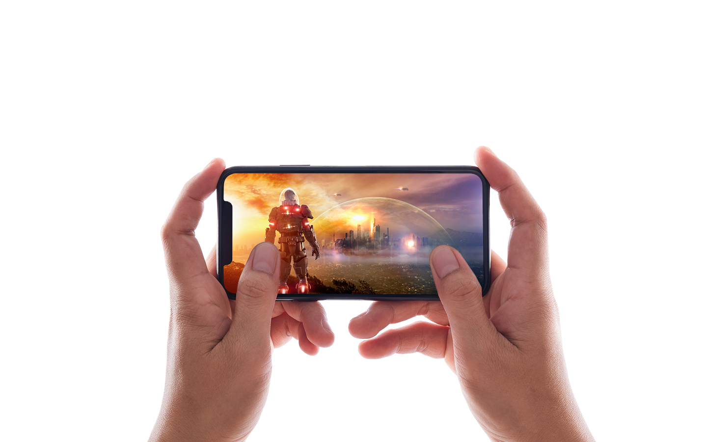 hands playing a mobile video game