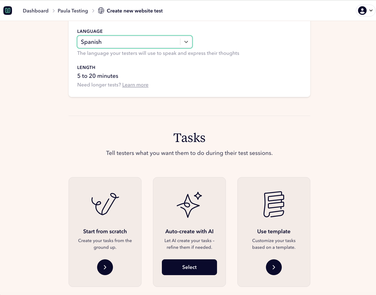 Set up your user test as usual with auto-create