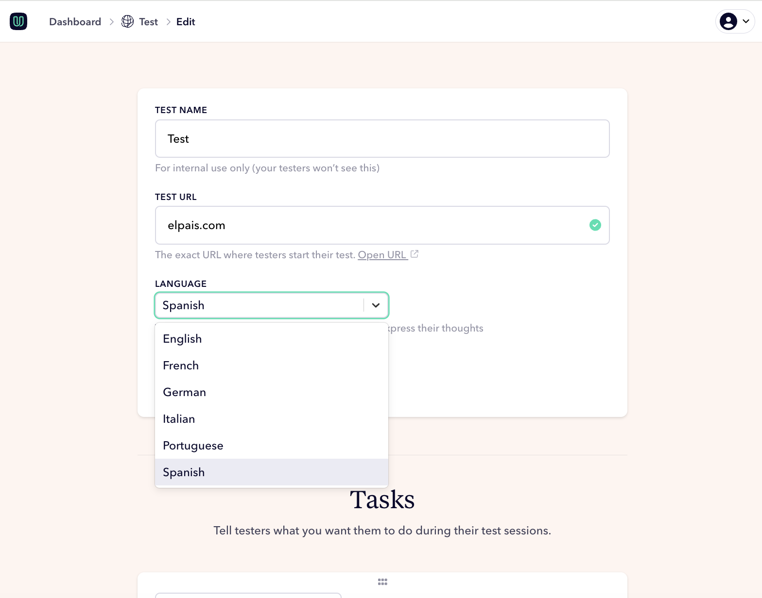 Create a new test and choose your test language