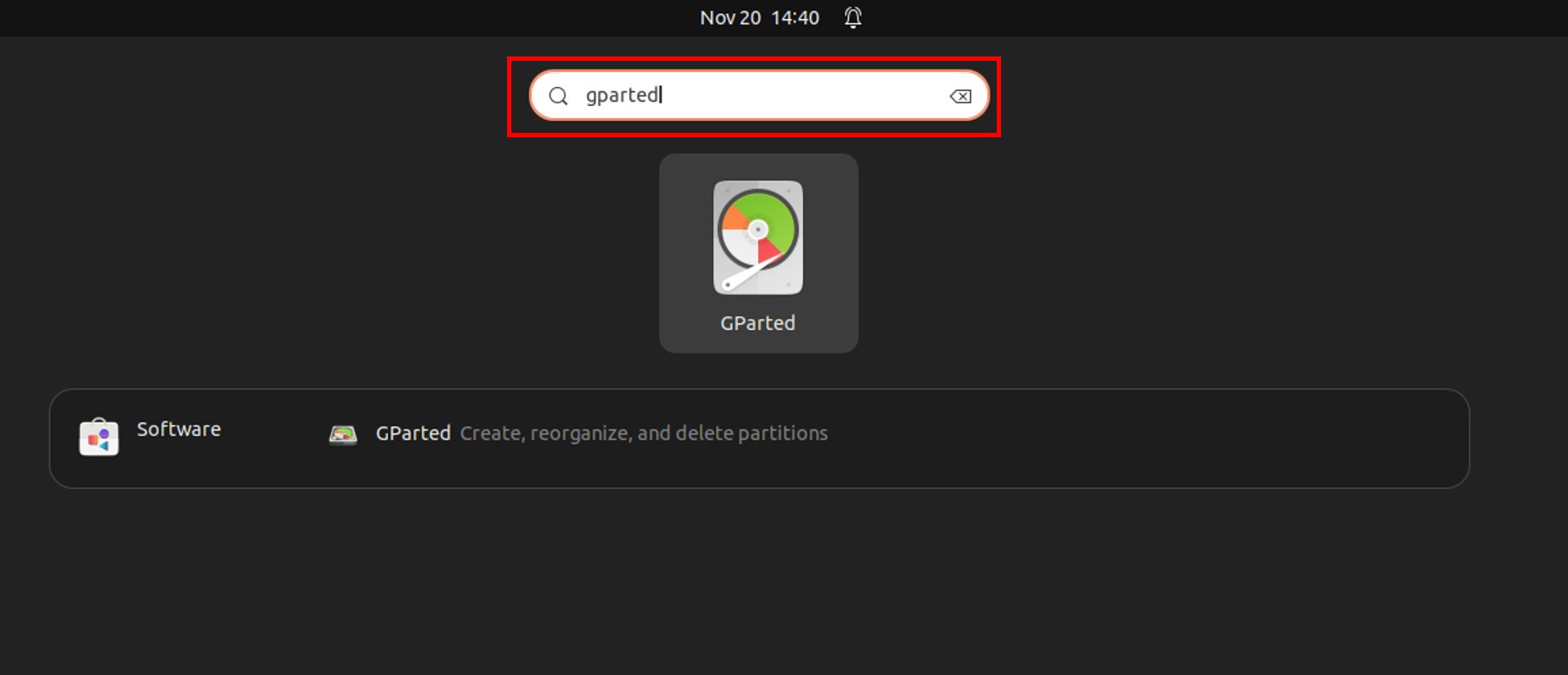 検索結果に表示されたGpartedアイコン