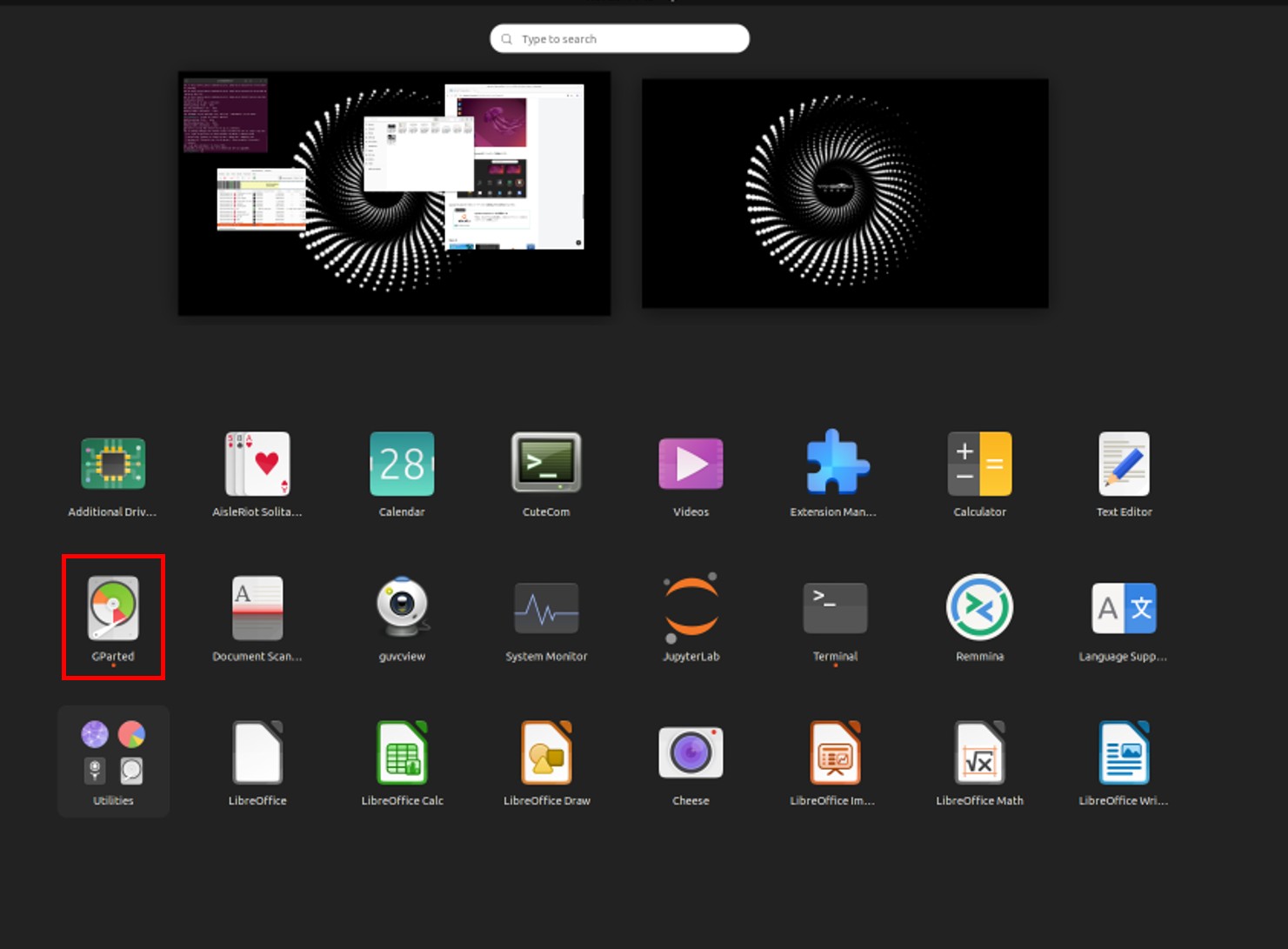 アプリ一覧に表示されたGpartedアイコン