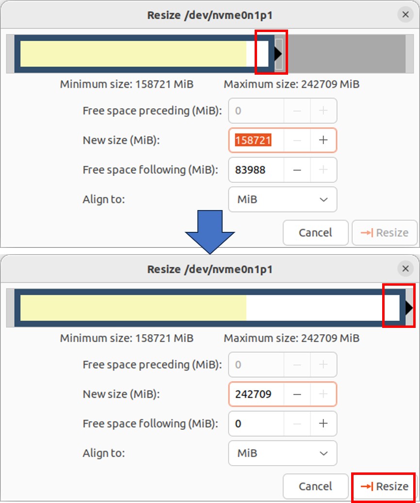 スライダーを右端まで移動し、Resizeをクリック