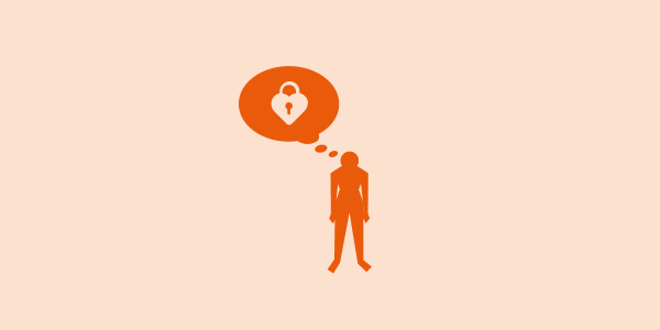 一个橙色的人低垂着头和肩膀的插图和一个思考的泡泡显示了一颗带锁的心