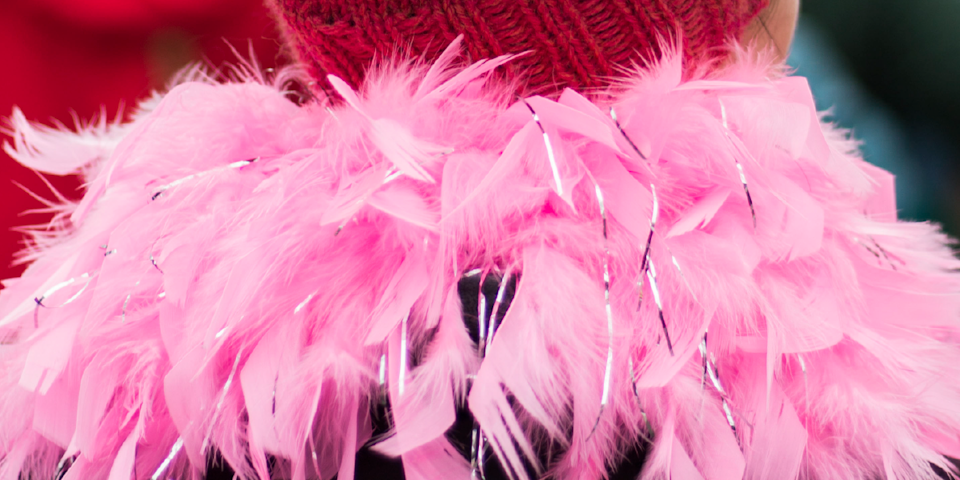 close up picture of a garland of pink feathers