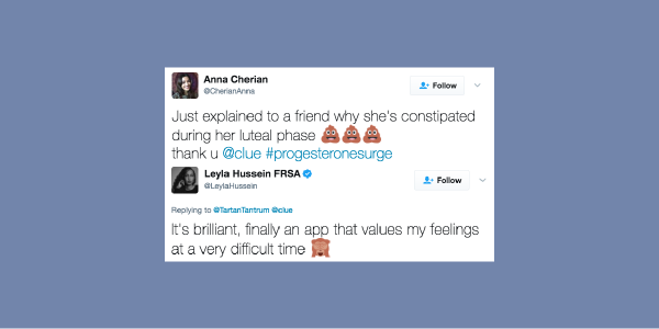 两条推文的截图，称赞clue应用程序帮助他们了解自己的身体，并给予支持