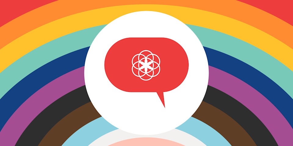this is an illustration of a rainbow with a red chat bubble icon that has the Clue logo centered.