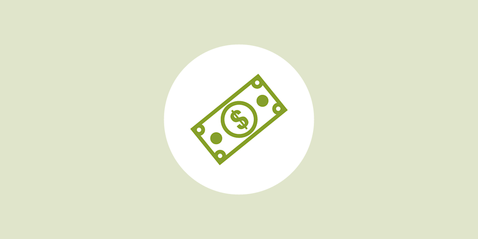 illustrated outlines of a green dollar bill on a white circle in the middle of a light green background