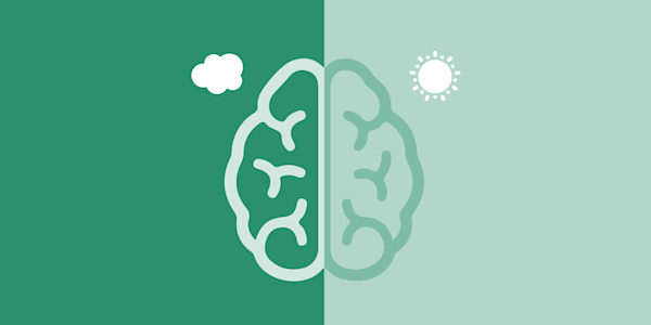 A brain. The left side is has a cloud in the corner, the right side has a sun in the corner.