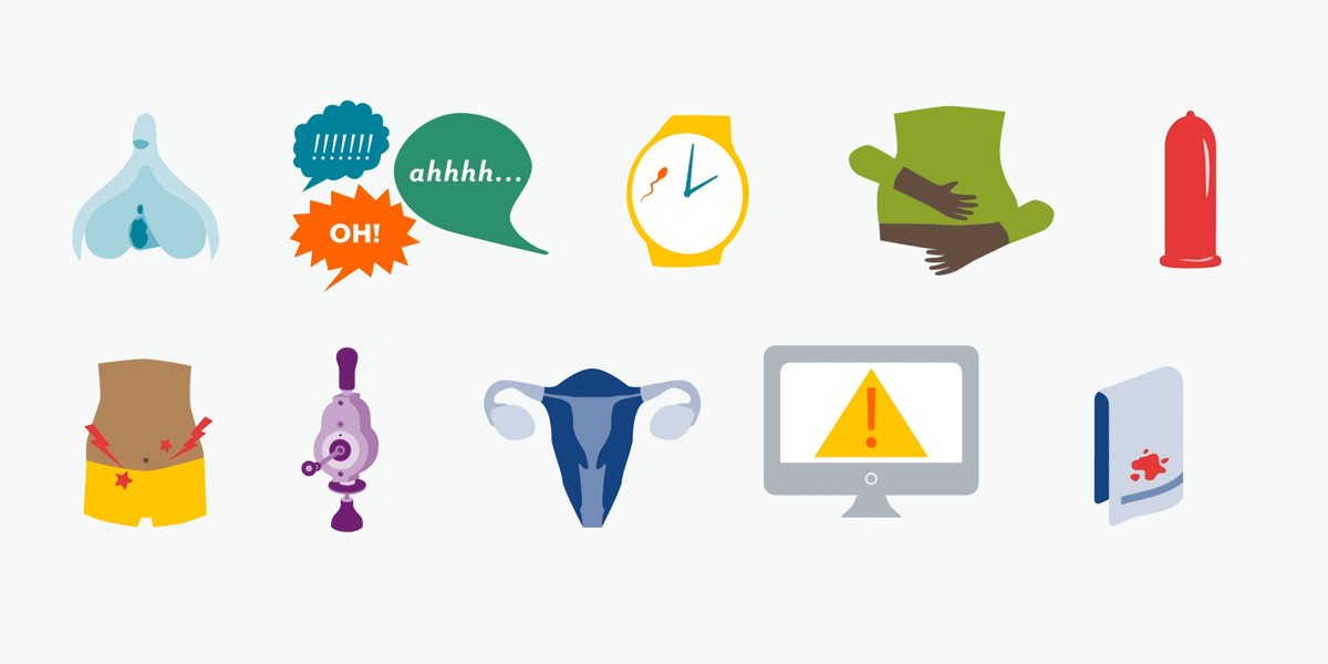 Series of animated illustrations of a clitoris, speech bubbles saying "oooh" and "aahh", a watch with a sperm swimming around on it, someone rubbing their belly, an inflating condom, lighting bolts of abdominal pain, an antique vibrator vibrating, a diagram of the vagina and uterus, a computer screen with flashing hazard symbol, and a towel with splashes of blood on it.