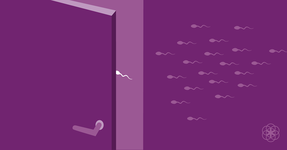 Illustration d'un groupe de spermatozoïdes en route pour entrer dans une porte.