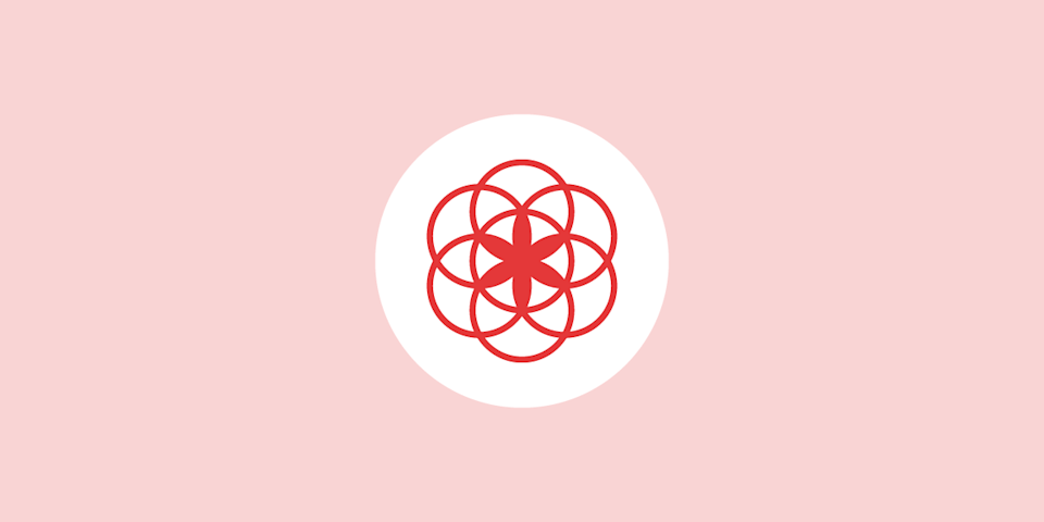 illustration of the flower of life in red on a white circle in the center of a light red background, the clue app logo