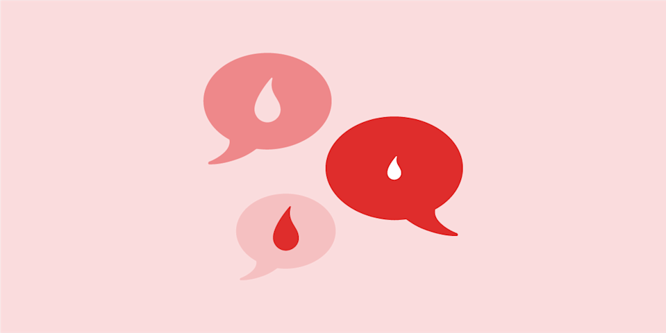 illustration of three red speech bubbles with a period blood drop inside each