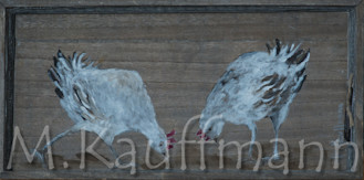 Poulettes sur support bois environ 50 cm x 30 cm