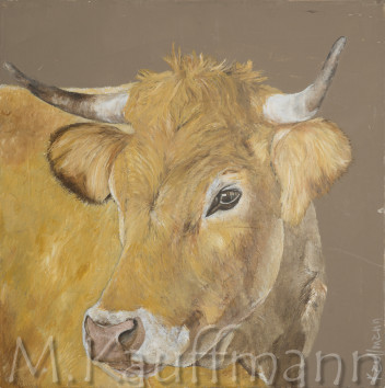 Vache : peinture acrylique sur châssis lin naturel de 80 cm x 80 cm
